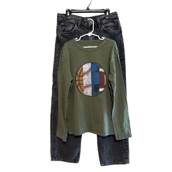 Lot of Boys Gap Kids Long Sleeve Shirt & H&M Baggy Loose Fit Jeans Large 10-12 - Picture 1 of 8